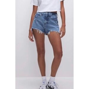 GOOD AMERICAN 90's High Rise Denim Cutoff Shorts Blue Distressed Frayed Hem 18